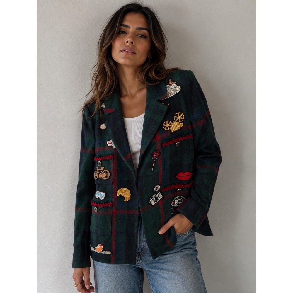 Vilagallo Green Plaid Patch Blazer Jacket Women Tartan Embroidered  Size 36